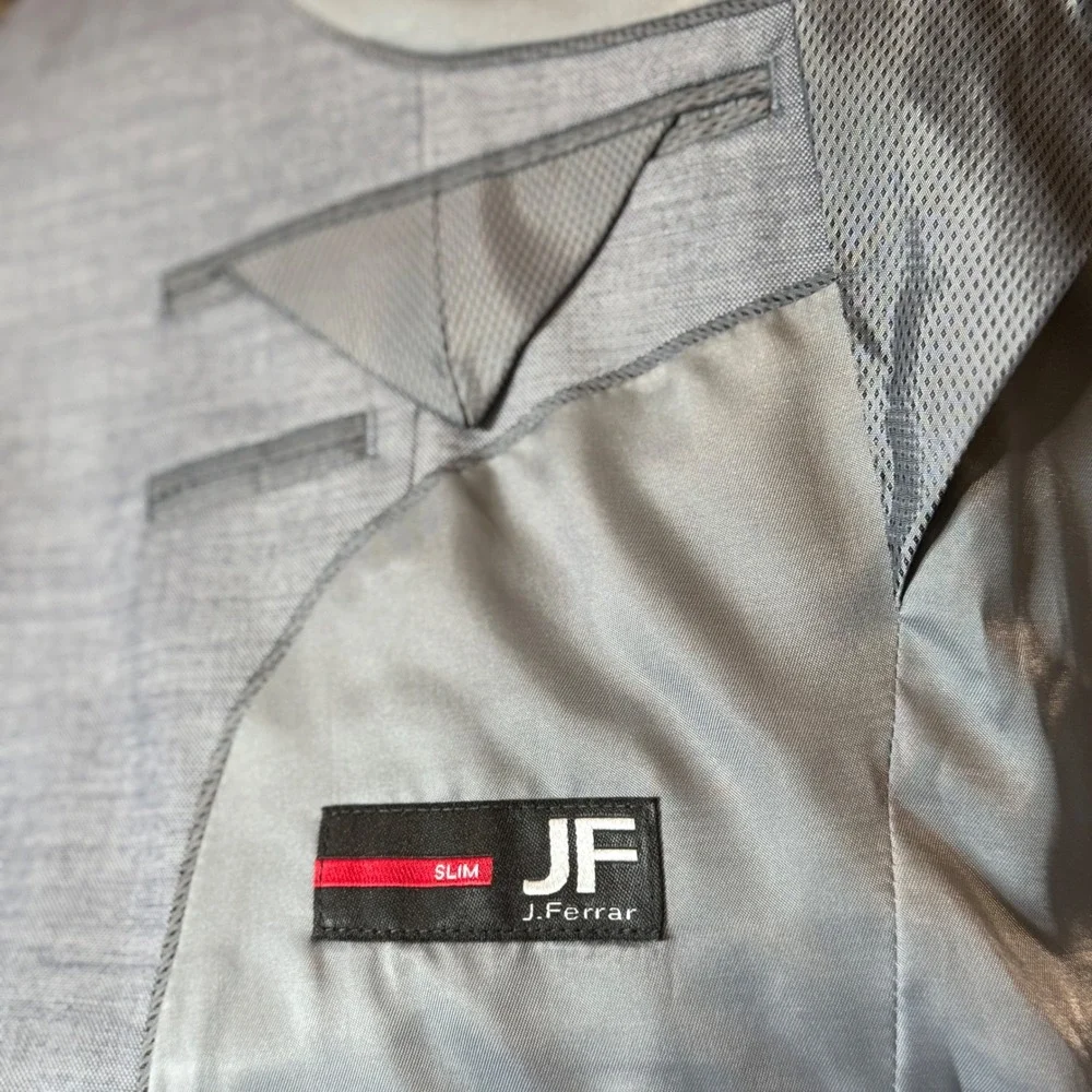 J Ferrar Mens Slim Sharkskin Blazer Jacket Light Blue Grey Two Button Notch 40R